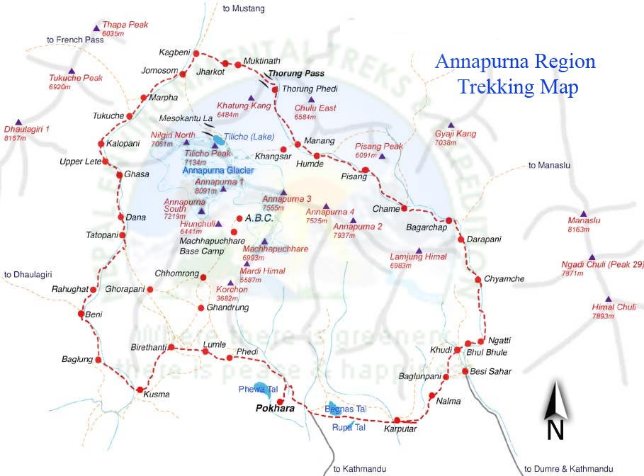 Ghandruk - Ghorepani - Tatopani Trek route map
